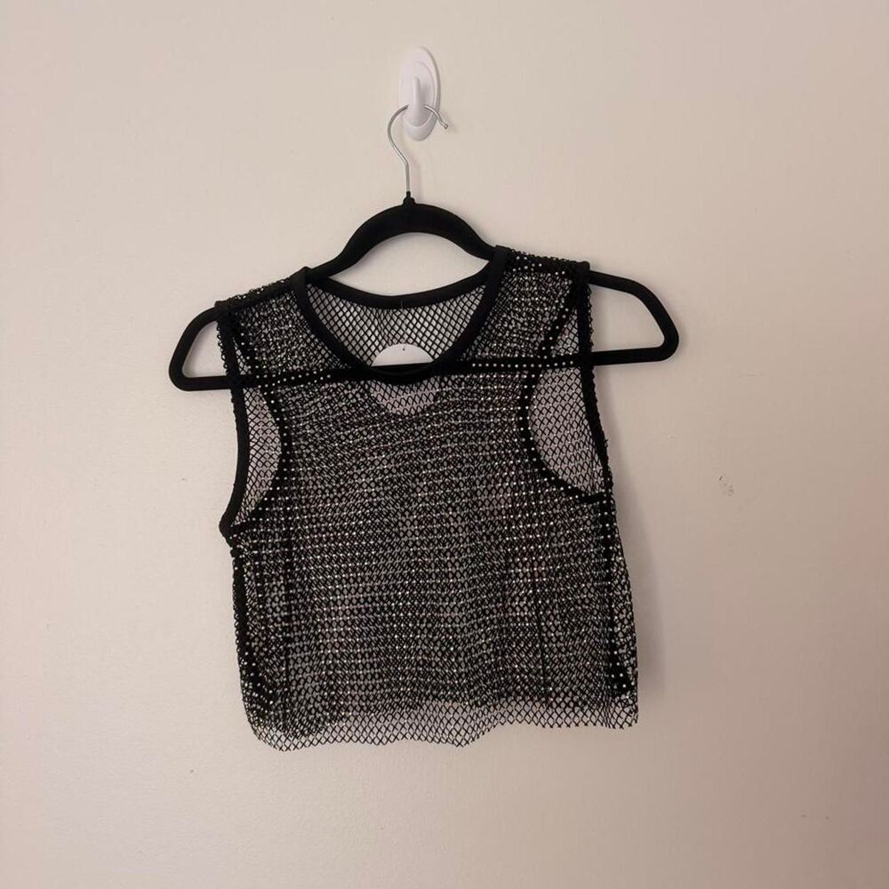 NWT Faux Glow black rhinestone fishnet mesh crop tank top, One Size 🖤✨